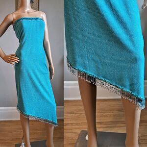 Vintage 90s Y2K Gunne Sax Strapless Prom Dress Midi Blue Glitter Tassel Fringe 5